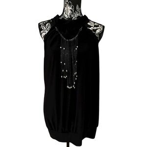 Gemstone size XL black sleeves less top attached silver chains open back